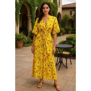 S/W/F Twist Front Plunge Midi Dress Summer Poolside Dress In Yellow Floral Weddi
